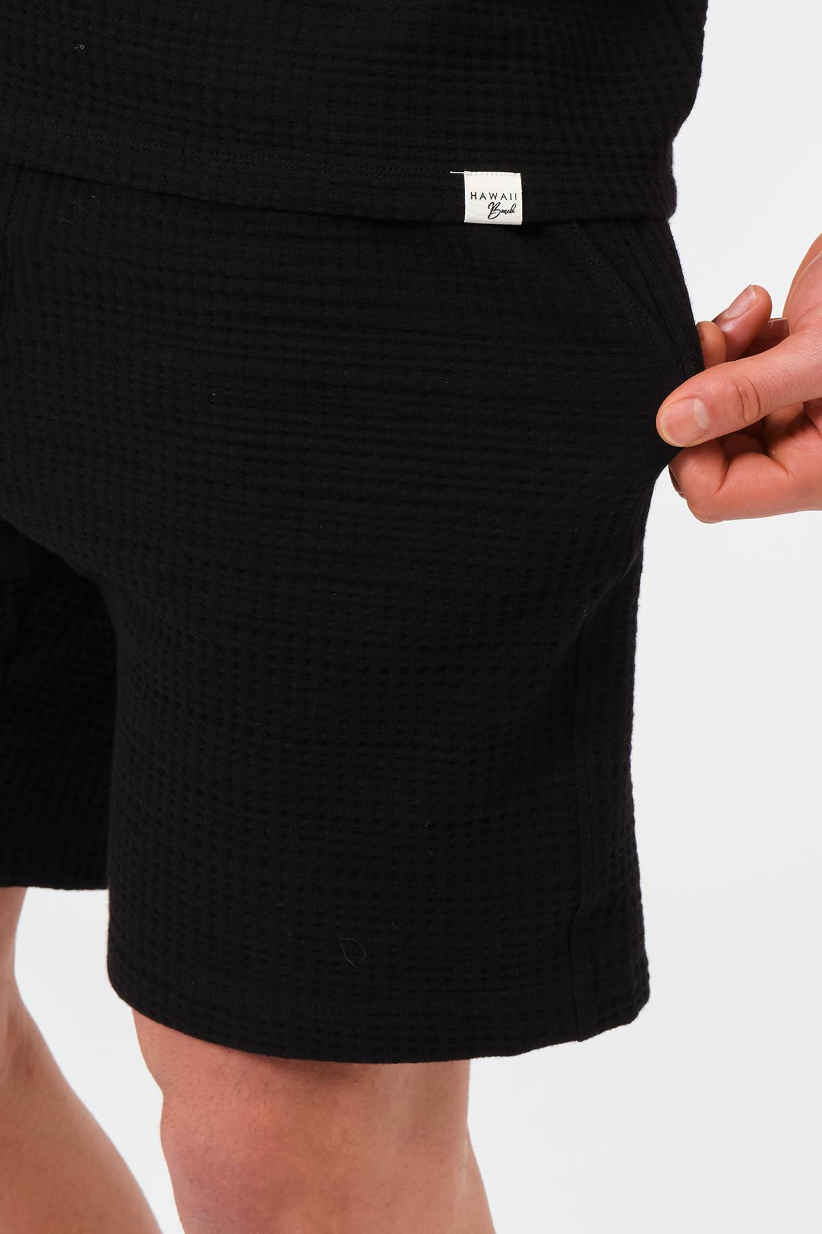 Erkek Siyah  Oversize Cepli Recycle %100 Pamuklu Standart Boy Şort