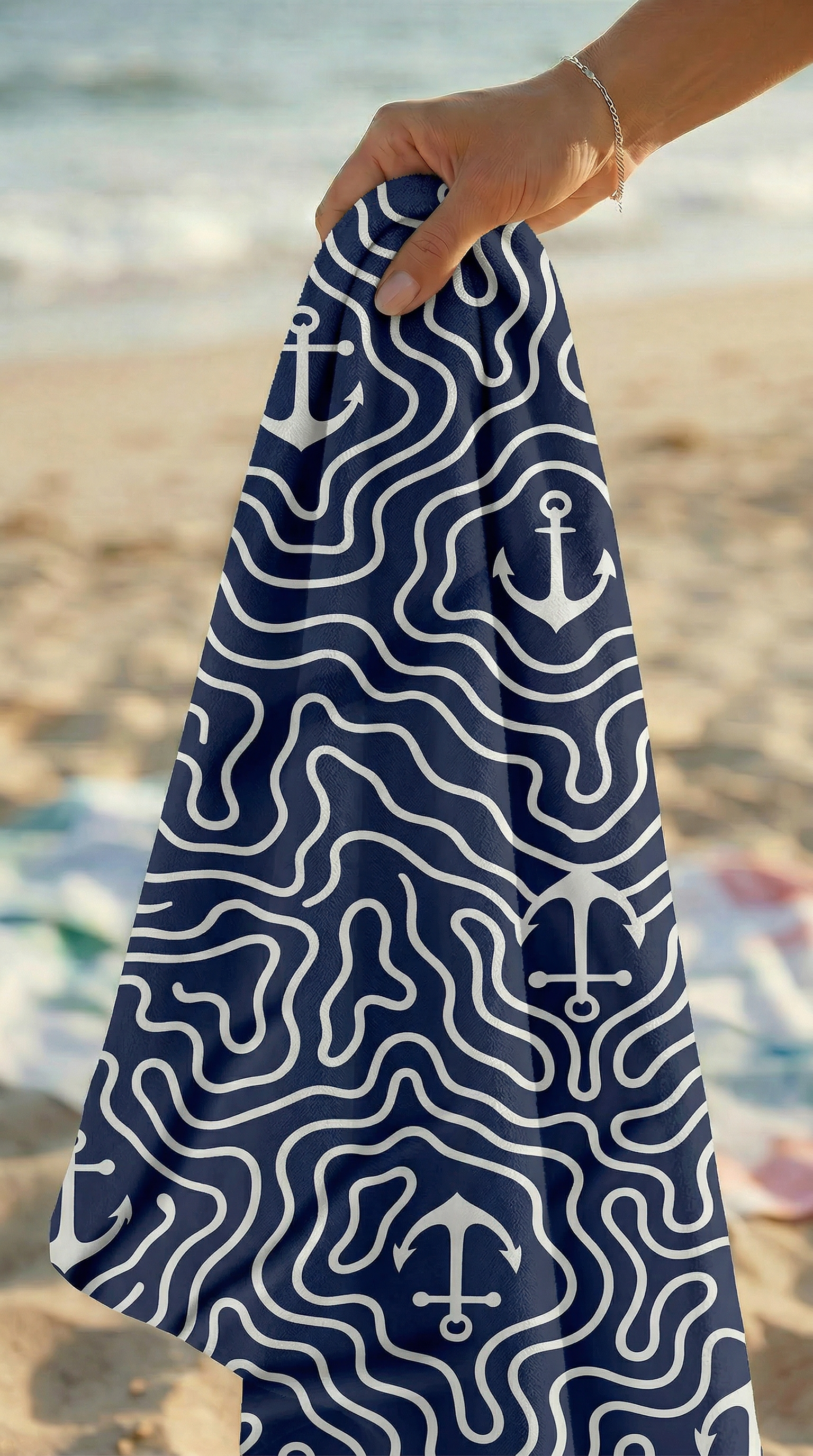 Marin Çapa Desenli Lacivert Yüksek Su Emici 70x150cm Plaj Havlusu