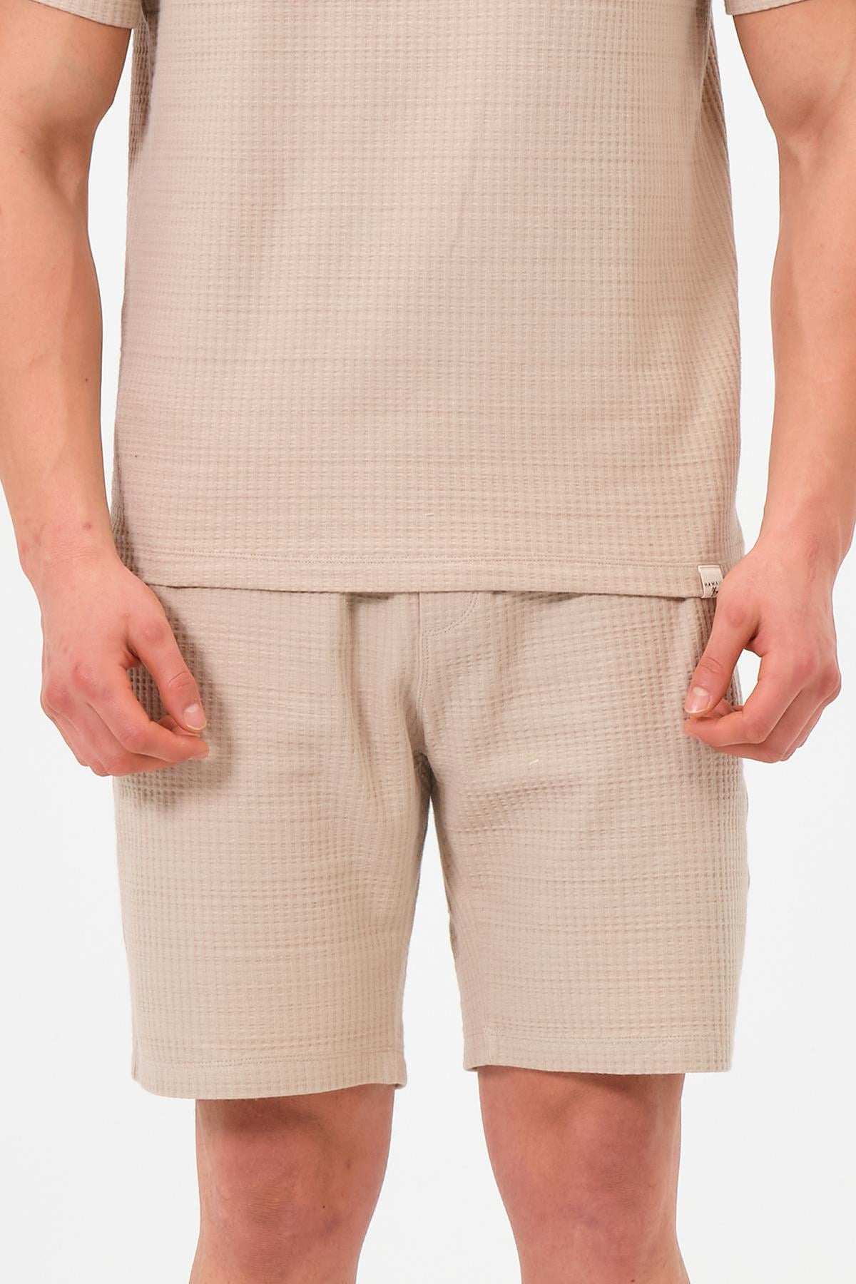 Erkek Bej Oversize Cepli Recycle %100 Pamuklu Standart Boy Şort