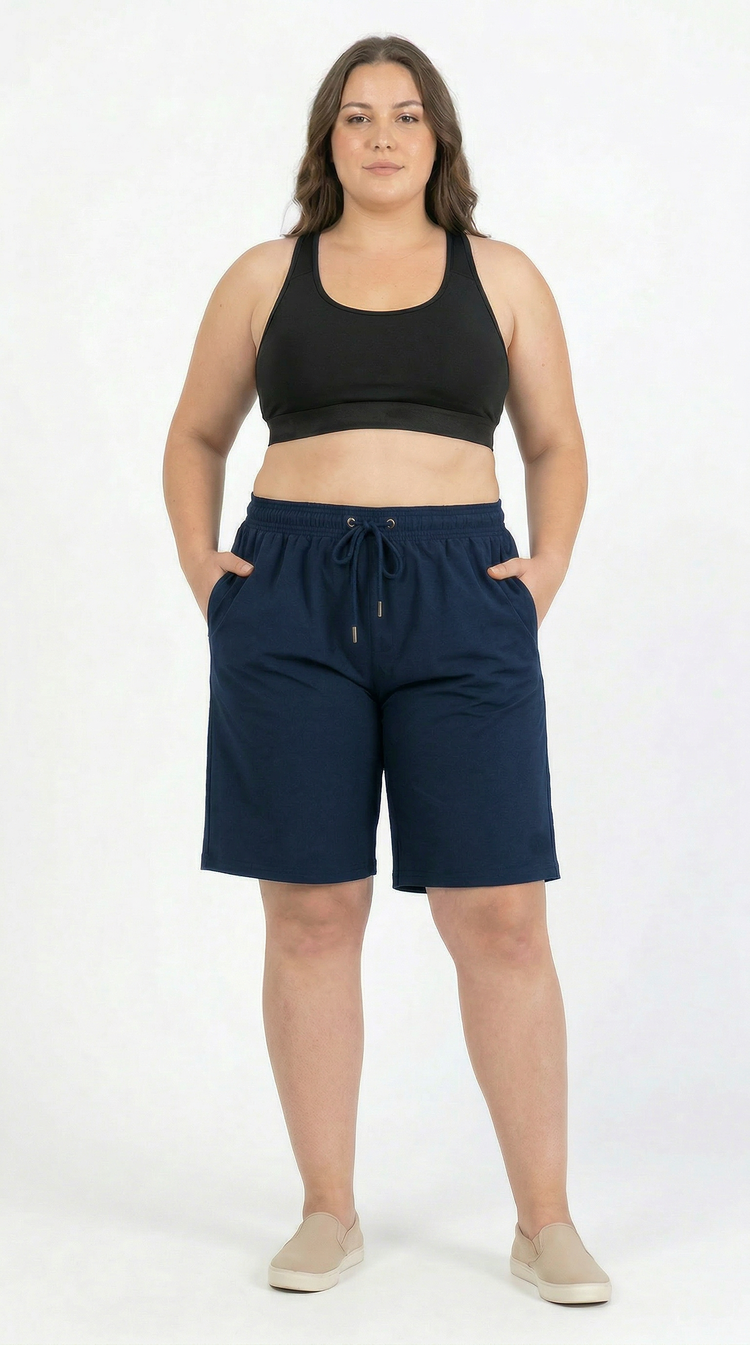 Lacivert Büyük Beden Uzun Boy Yan Cepli Kadın Mayo Deniz Şortu 