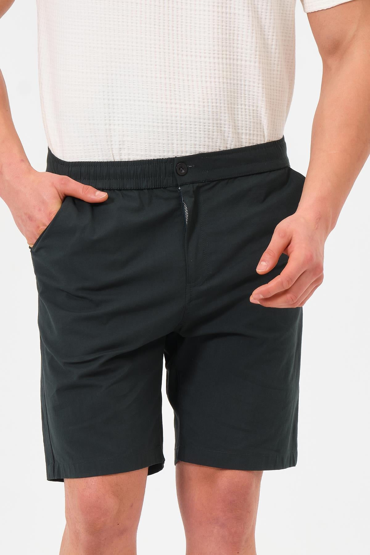 Erkek Petrol Standart Fit Normal Kesim %100 Pamuk Cepli Dokuma Şort