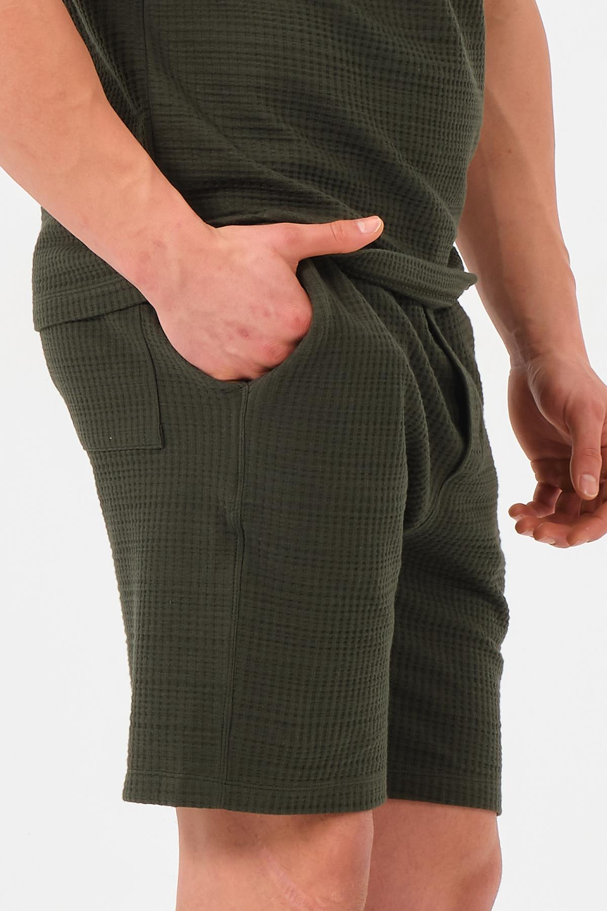 Erkek Haki Oversize Cepli Recycle %100 Pamuklu Standart Boy Şort