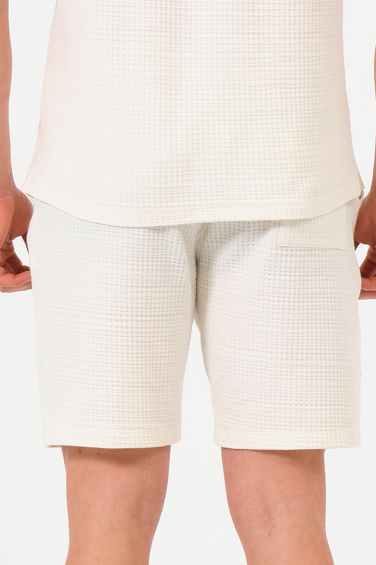 Erkek Ekru  Oversize Cepli Recycle %100 Pamuklu Standart Boy Şort