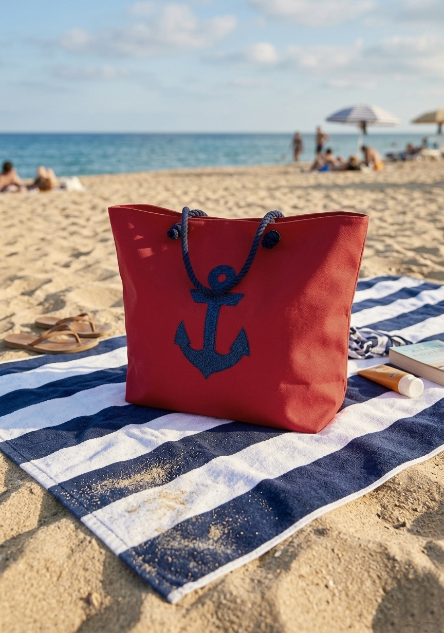 Marin Çapa Nakışlı Kırmızı Astralı Geniş Hacimli Kadın Plaj Çantası 