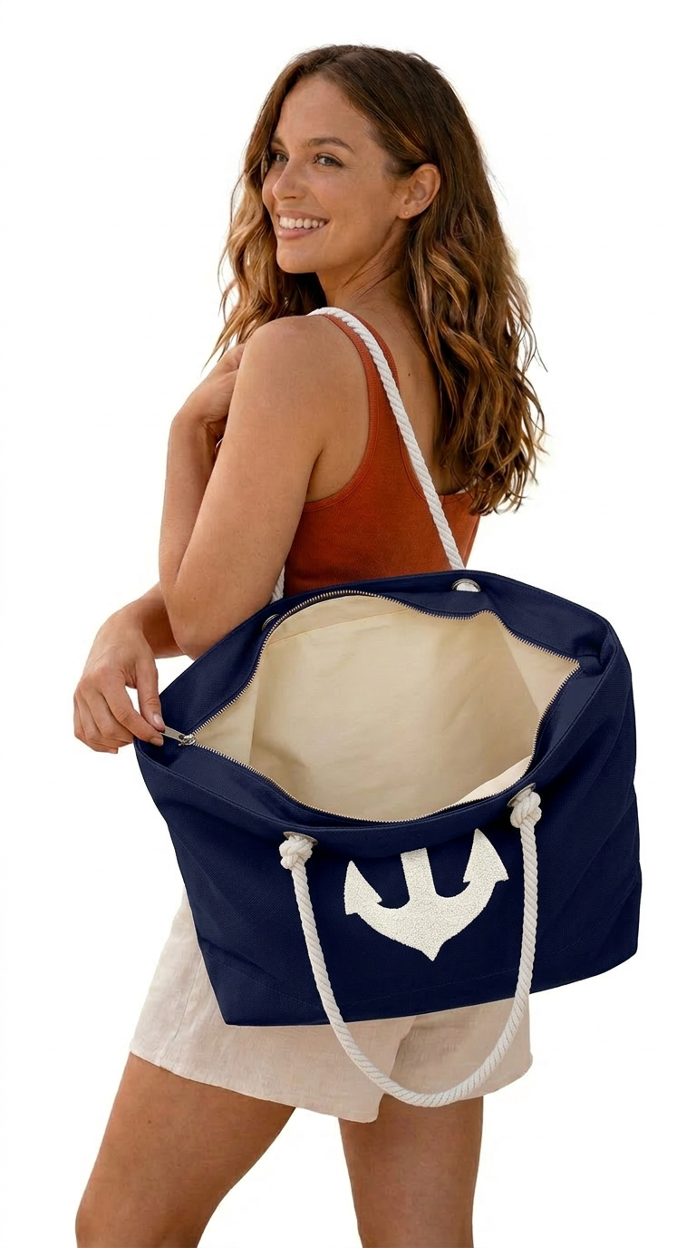 Marin Çapa Nakışlı Lacivert Astralı Geniş Hacimli Kadın Plaj Çantası 