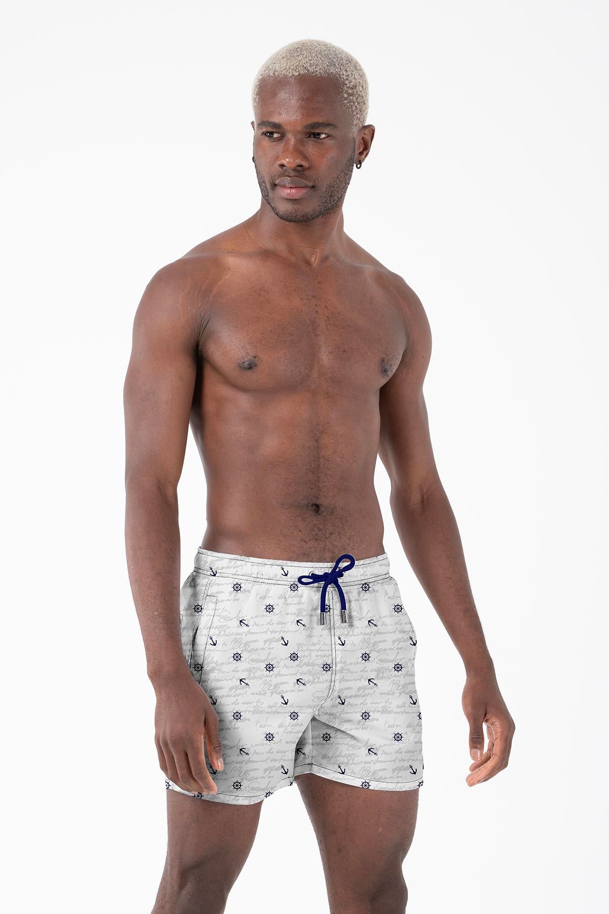 Marin Çapa Desenli Beyaz Standart Boy Erkek Mayo Deniz ve Havuz Şortu