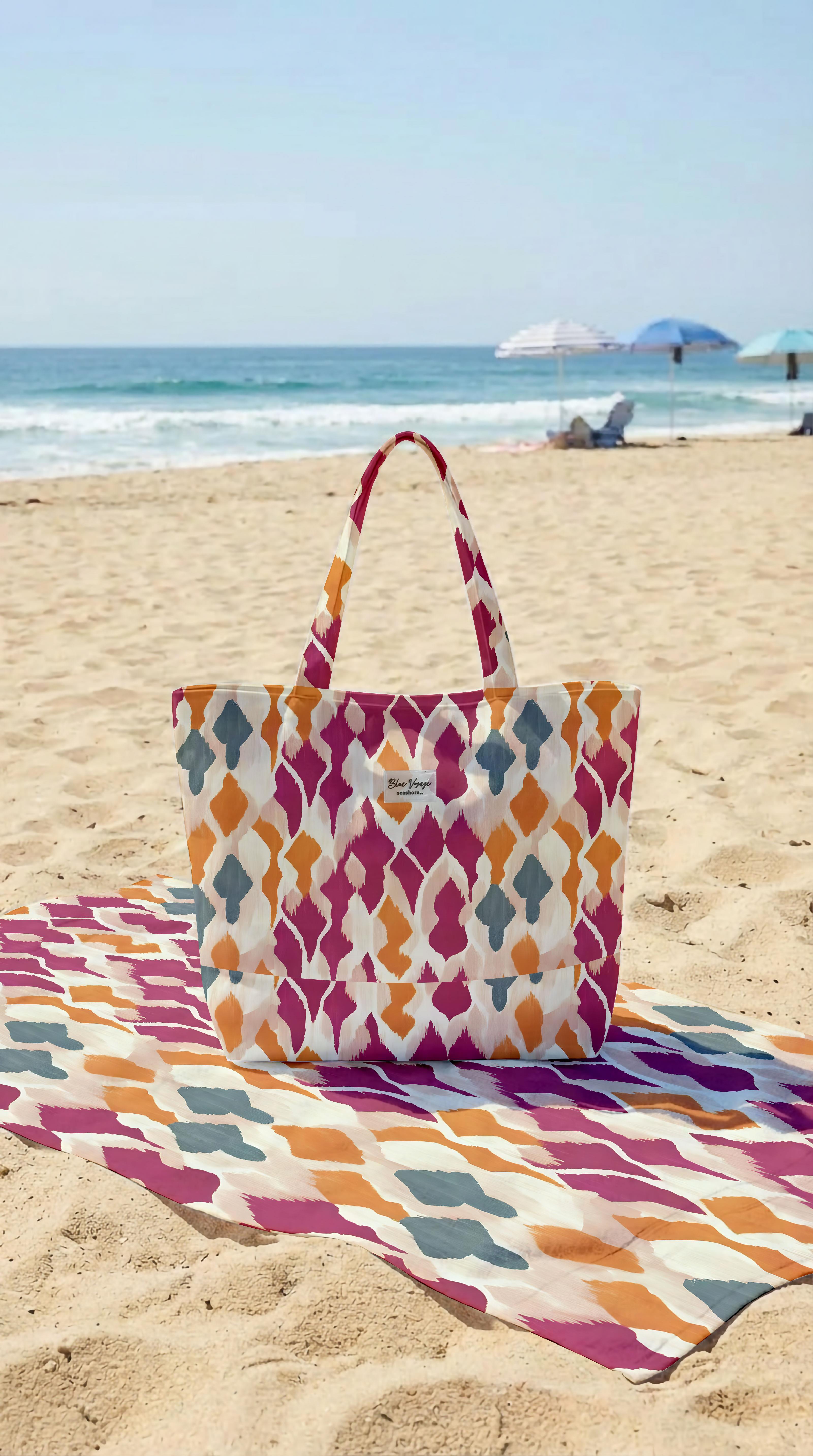 Batik Desenli Renkli Parçalı Kendinden Saplı Astarlı Kadın Plaj Çantası 