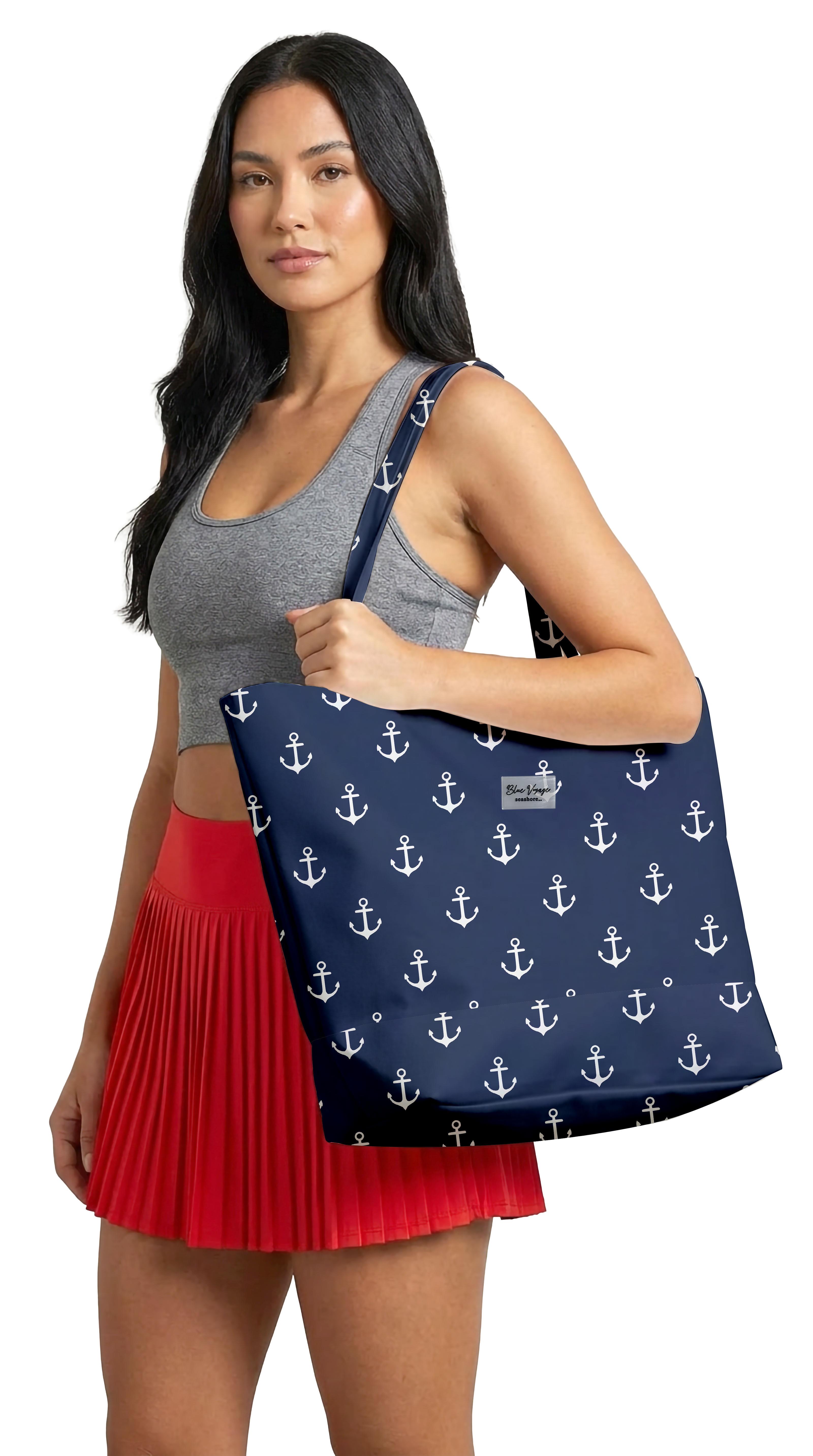 Marin Çapa Desenli Parçalı Kendinden Saplı Astarlı Kadın Plaj Çantası 