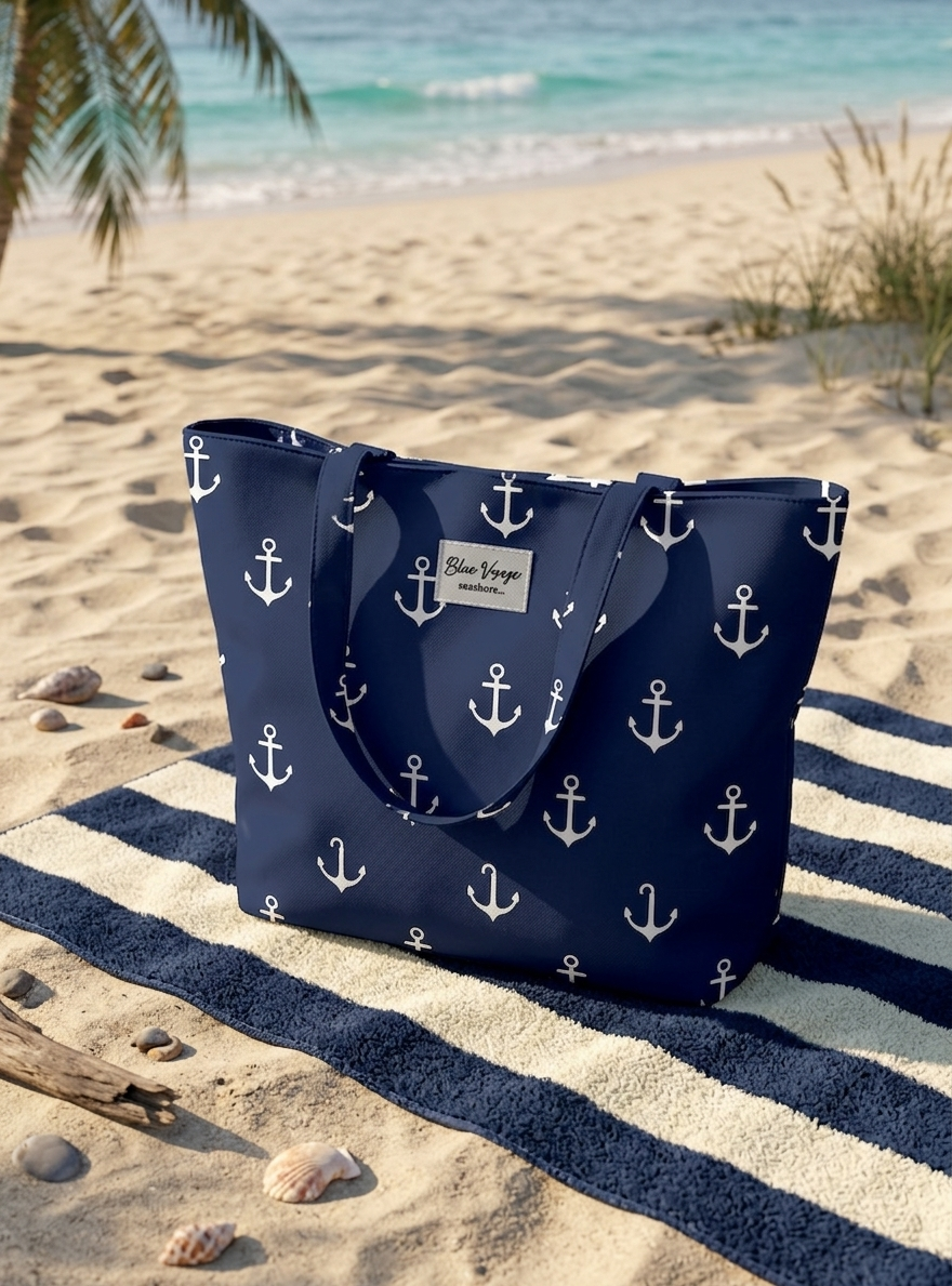 Marin Çapa Desenli Parçalı Kendinden Saplı Astarlı Kadın Plaj Çantası 