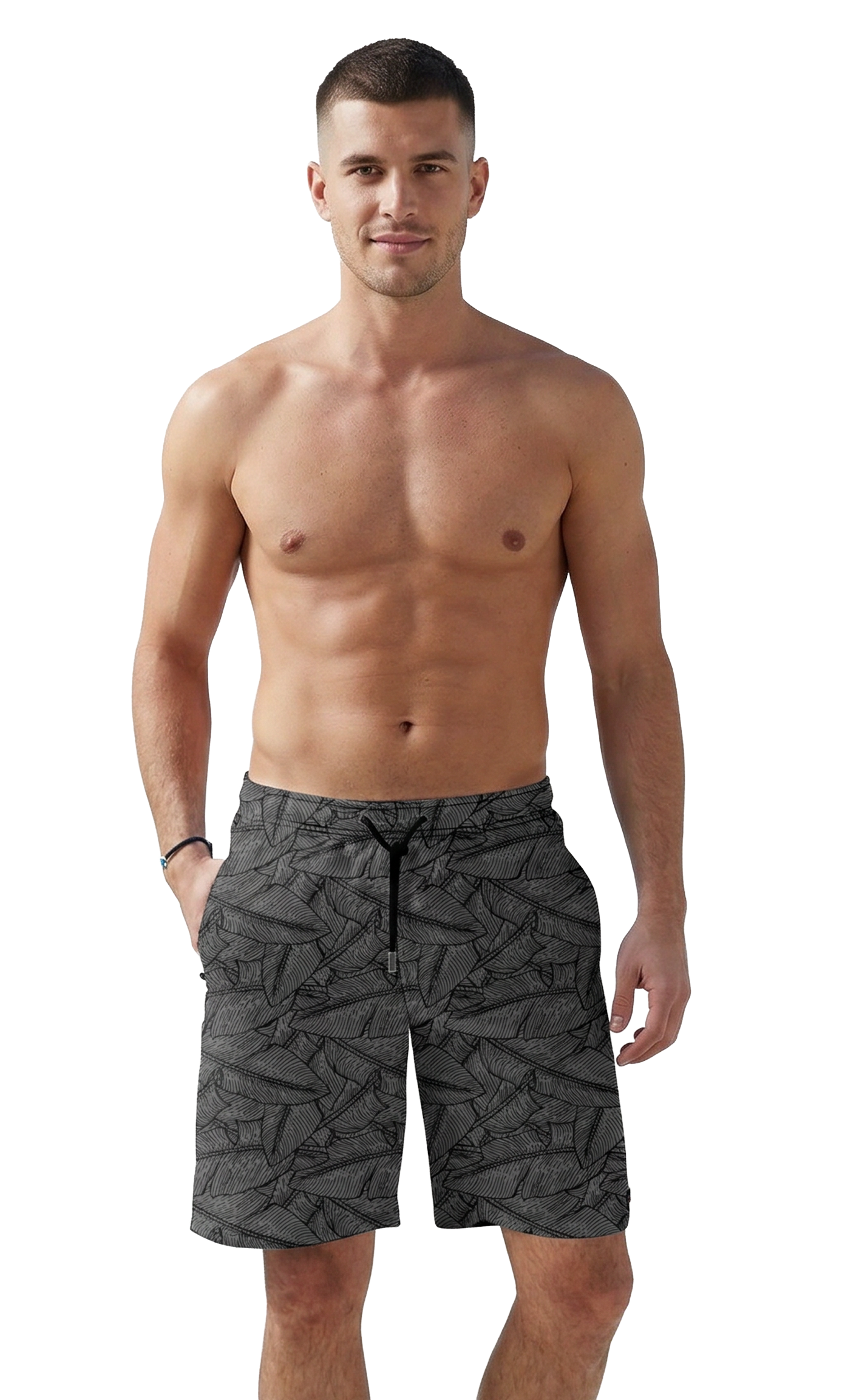 Büyük Yaprak Desenli Gri Uzun Boy Erkek Mayo Deniz ve Havuz Şortu 