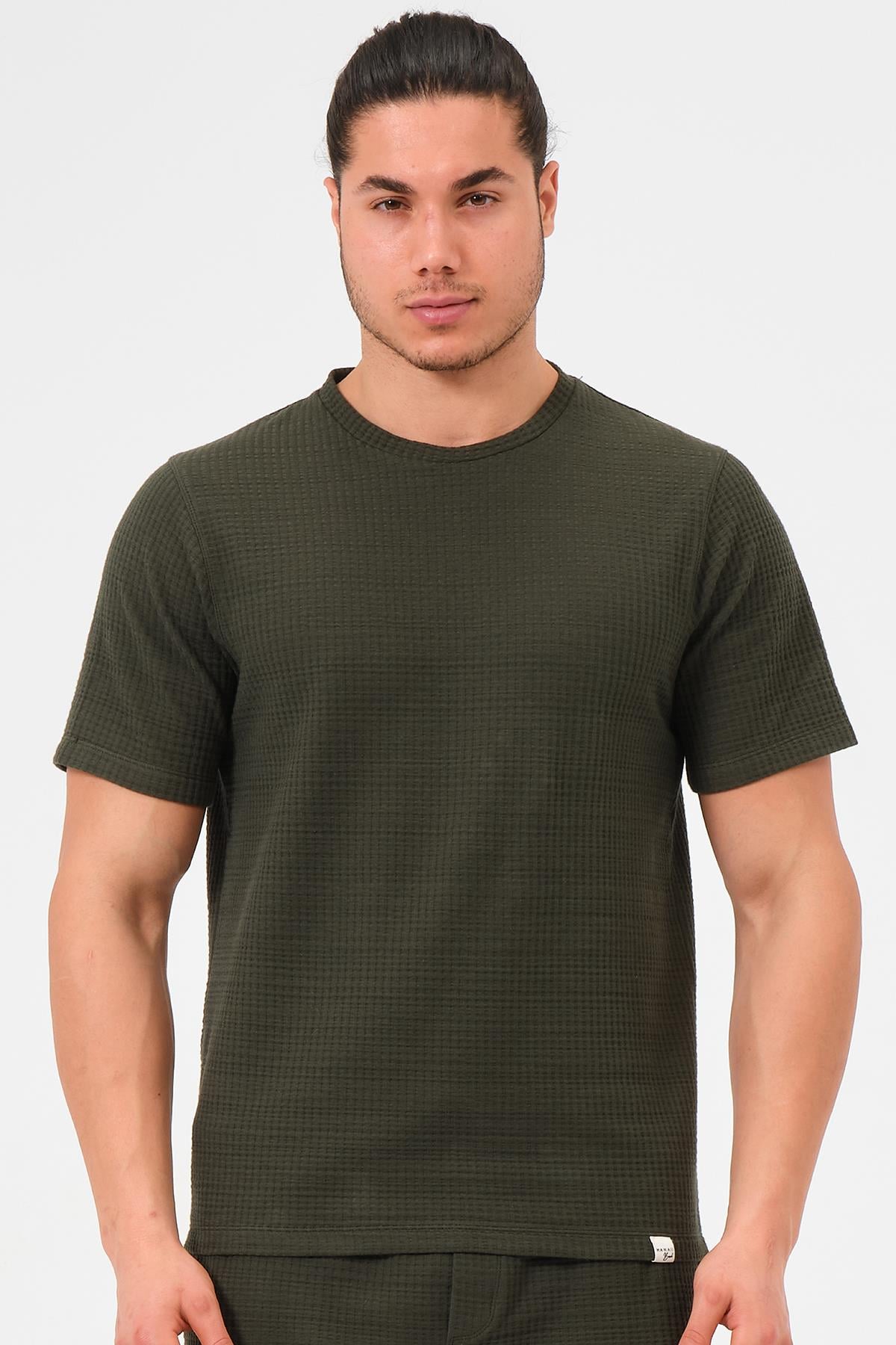 Erkek Haki %100 Pamuk Oversize Bisiklet Yaka Basic Tişört 