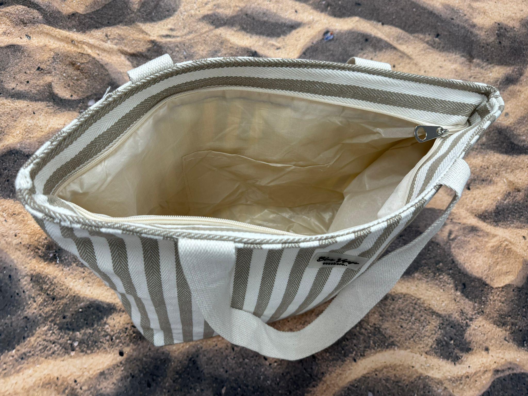 Haki Çizgili Pamuklu Plaj Çantası