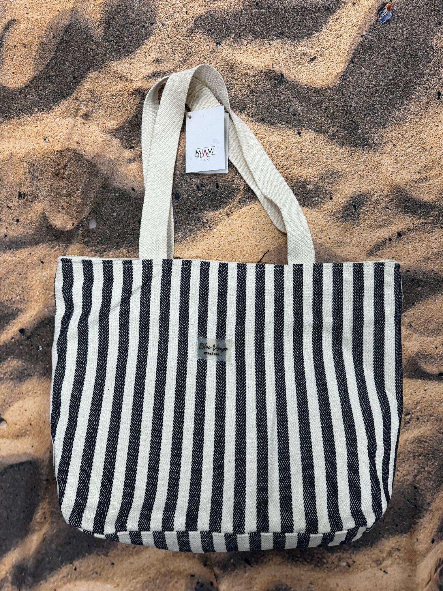 Lacivert Çizgili Pamuklu Plaj Çantası