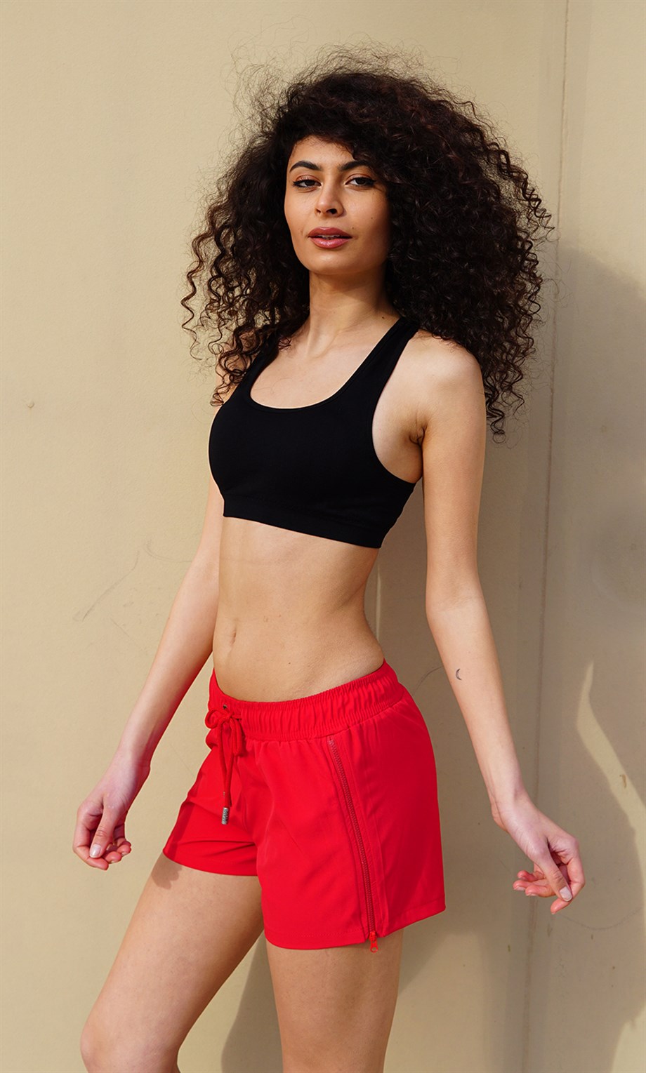 Kırmızı Yan Fermuarlı Mini Boy Kadın Mayo Deniz Şortu 