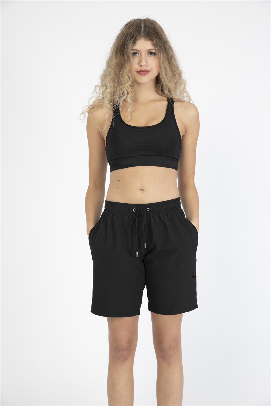 Siyah Uzun Boy Yan Cepli Kadın Mayo Deniz Şortu 