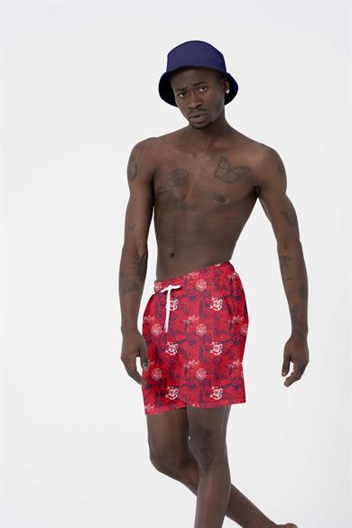 Hawaii Beach Kırmızı Marin Baskılı Esnek kumaş Standart Boy Erkek Deniz Şortu