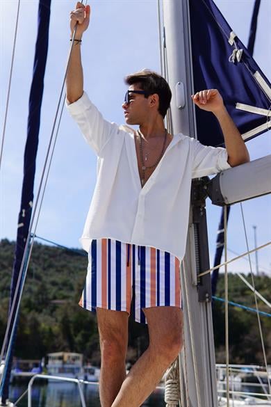 Çizgi Desenli Standart Boy Erkek Mayo Deniz Şortu