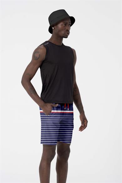 Lacivert Çizgi Desenli Uzun Boy Erkek Deniz ve Havuz Şortu 
