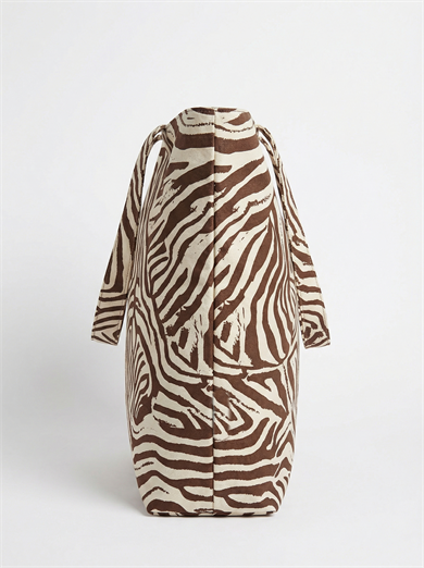 Zebra Desenli Kahverengi Krem Parçalı Kendinden Saplı Astarlı Kadın Plaj Çantası 