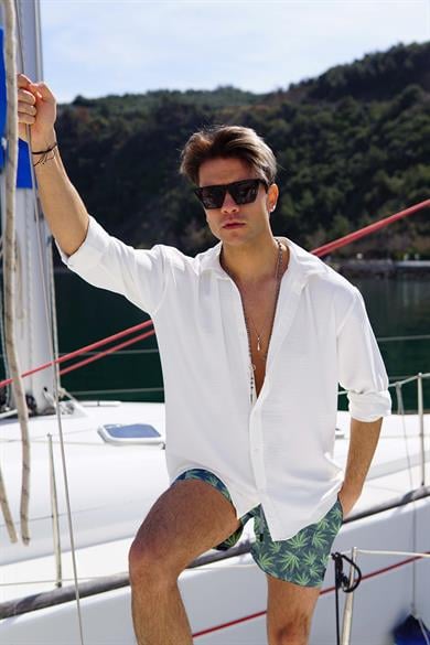 Yaprak Desenli Standart Boy Erkek Mayo Deniz ve Havuz Şortu 