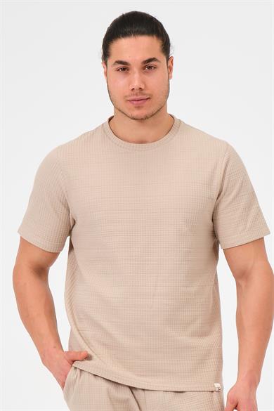 Erkek Bej %100 Pamuk Oversize Bisiklet Yaka Basic Tişört 