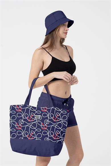 Lacivert Marin Desenli , Astarlı Kendinden Saplı, Geniş Hacimli Plaj Çantası
