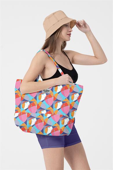 Renkli Balık Desenli , Astarlı Kendinden Saplı, Geniş Hacimli Plaj Çantası