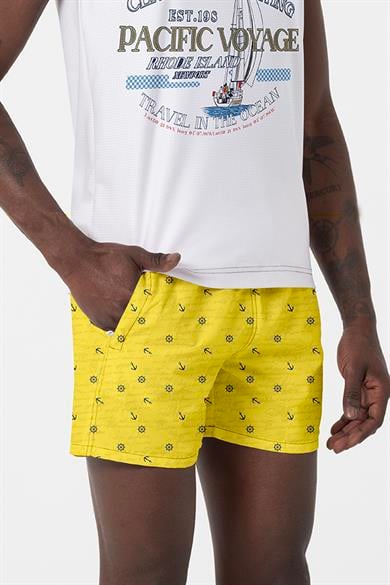 Marin Çapa Desenli Sarı Standart Boy Erkek Mayo Deniz ve Havuz Şortu