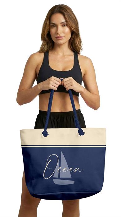 Ocean Sloganlı Lacivert Krem Geniş Hacimli Astarlı Kadın Plaj Çantası 