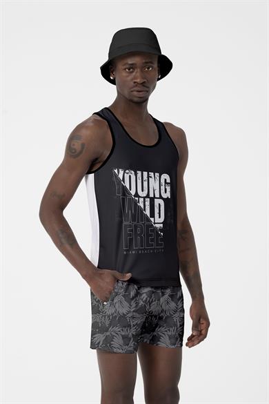 Siyah Yaprak Desenli Standart Boy Erkek Deniz ve Havuz Şortu 