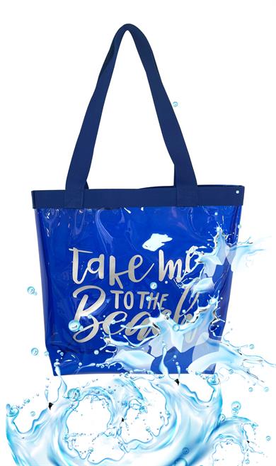 Kadın Take me To The Beach Baskılı Şeffaf Mavi PVC Plaj, Tatil , Kozmetik Çanta 42x37CM