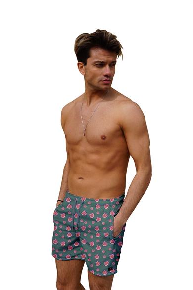 İncir Desenli Yeşil Standart Boy Erkek Mayo Deniz Şortu 