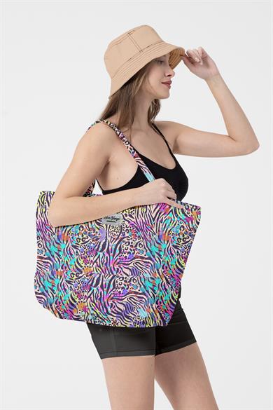 Renkli Zebra Desenli , Astarlı Kendinden Saplı, Geniş Hacimli Plaj Çantası