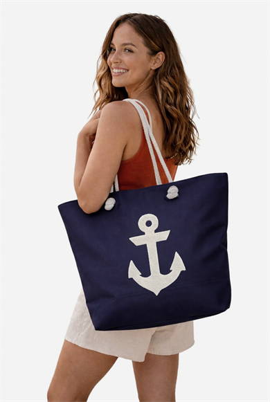 Marin Çapa Nakışlı Lacivert Astralı Geniş Hacimli Kadın Plaj Çantası 