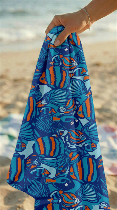 Büyük Balık Desenli Saks Mavi Yüksek Su Emici 70x150cm Plaj Havlusu
