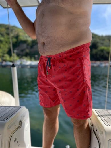 Kırmızı Marin Desenli Büyük Beden Standart Boy Erkek Mayo Deniz Şortu