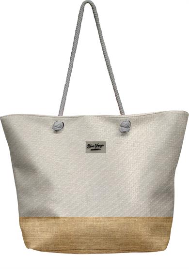 Keten Dokulu Jüt Parçalı Krem Rengi Astarlı Geniş Hacimli Kadın Plaj Çantası