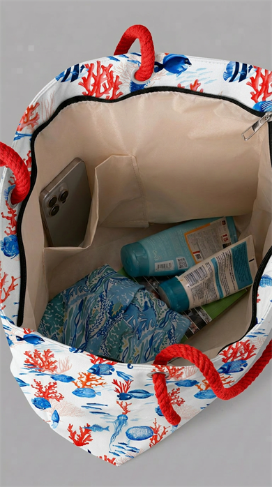 Balık ve Mercan Desenli Beyaz Geniş Hacimli Astarlı Kadın Plaj Çantası