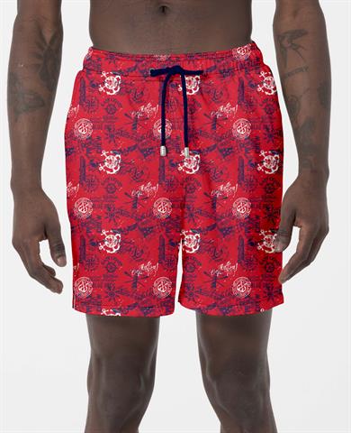 Hawaii Beach Kırmızı Marin Baskılı Esnek kumaş Standart Boy Erkek Deniz Şortu