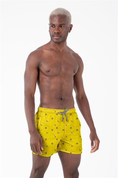 Marin Çapa Desenli Sarı Standart Boy Erkek Mayo Deniz ve Havuz Şortu