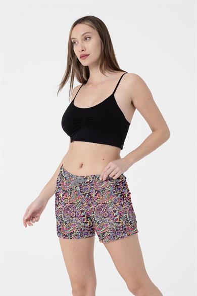 Paisley Desenli Renkli İki Cepli Kısa Kadın Deniz ve Havuz Şortu