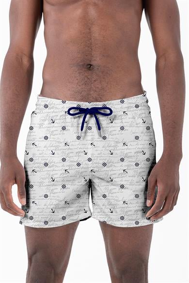 Marin Çapa Desenli Beyaz Standart Boy Erkek Mayo Deniz ve Havuz Şortu