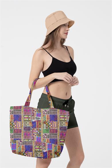 Etnik Desenli , Astarlı Kendinden Saplı, Geniş Hacimli Plaj Çantası