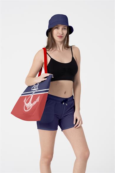 Marin Çapa Desenli Kalın Malzemeli,Geniş Hacimli Kadın Plaj Çantası