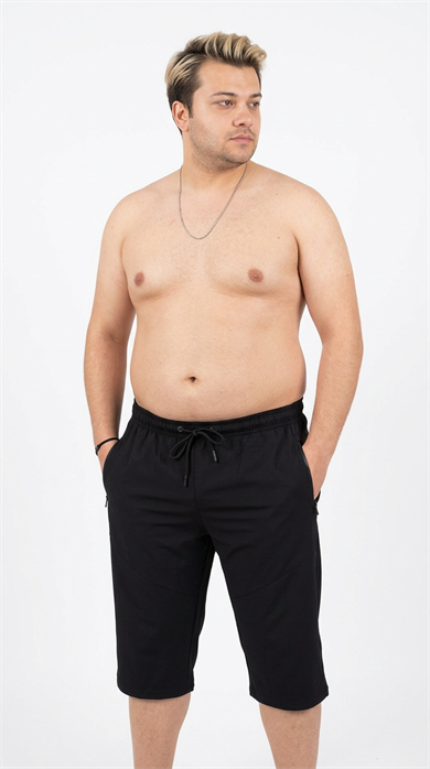 Siyah Büyük Beden Esnek Kumaş Uzun Boy Erkek Kapri Şort