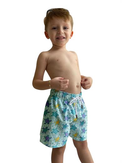 Kaplumbağa Desenli Renkli Standart Boy Erkek Çocuk Mayo Deniz Şortu