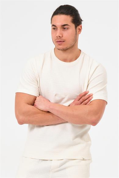 Erkek Ekru %100 Pamuk Oversize Bisiklet Yaka Basic Tişört 