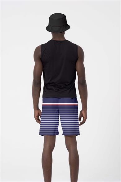 Lacivert Çizgi Desenli Uzun Boy Erkek Deniz ve Havuz Şortu 