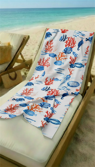 Balık ve Mercan Desenli Renkli Yüksek Su Emici 70x150cm Plaj Havlusu