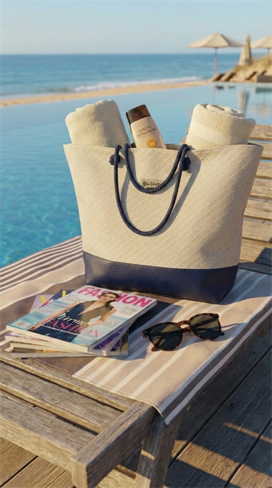 Keten Dokulu Lacivert Deri Parçalı Krem Rengi Astarlı Geniş Hacimli Kadın Plaj Çantası